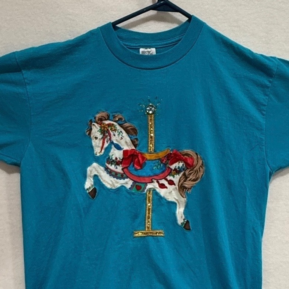 Vintage 90s Carousel Horse Applique T Shirt USA Carnival Cottagecore  Grandma